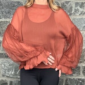 Rust Blouse w/ Billowing Chiffon Sleeves, Sheer Bodice, Reset by Jane, MEDIUM